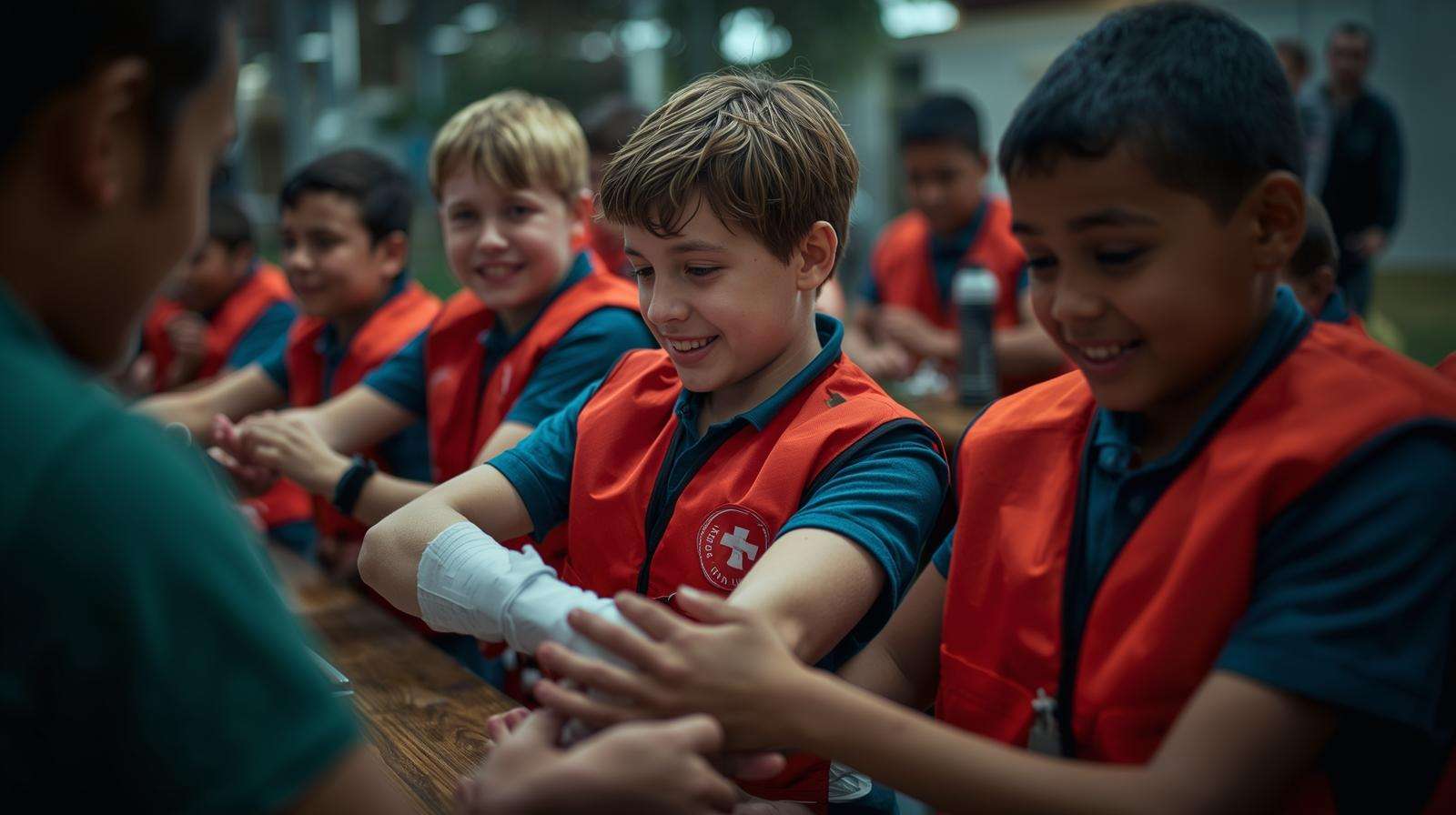 Kids practicing first aid in a safe training area, bandaging arms, learning emergency response steps, role-playing rescue scenarios, wearing red vests, friendly and confident expressions